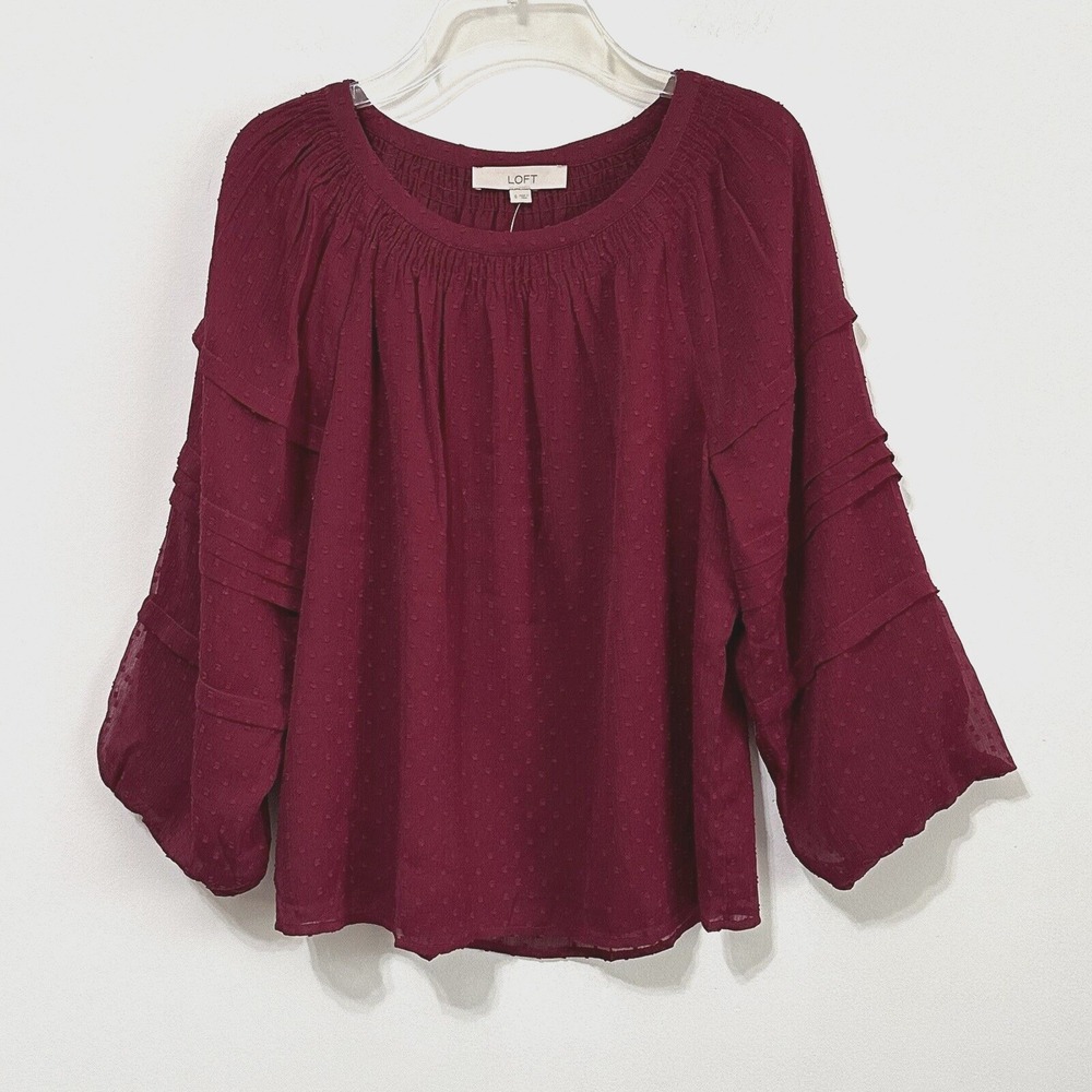 Loft Blouse Clip Dot Balloon 3/4 Sleeve S Maroon Trendy Popover Casual NEW